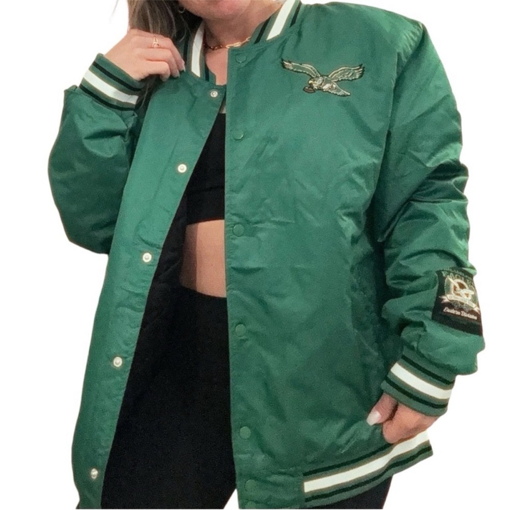 nwt Philadelphia Eagles Retro Satin Bomber Jacket Snap Button w Hood Kelly Green